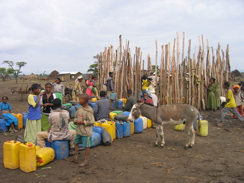 Shrinton naiset jonottavat puhdasta vettä. Vesihankkeet tarjoavat puhtaan veden monille etiopialaisille. Kuva Timo Ahlberg.