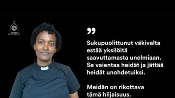 Mimii Brown mustaa taustaa vasten ja teksti: "Sukupuolittunut väkivalta estää yksilöitä saavuttamasta unelmiaan. Se vaientaa heidät ja jättää heidät unohdetuiksi. Meidän on rikottava tämä hiljaisuus."