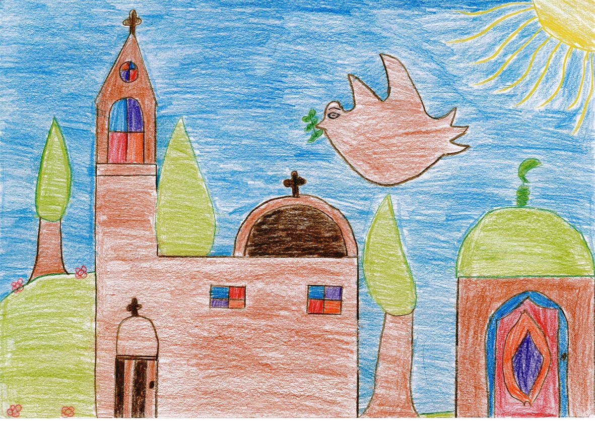 Kesän Lähetysjuhlilla oli esillä lasten piirustuksia rauhasta eri maista. Näin kuvasi rauhaa Lähetysseuran kummiohjelmassa mukana oleva koululainen Beit Sahourista