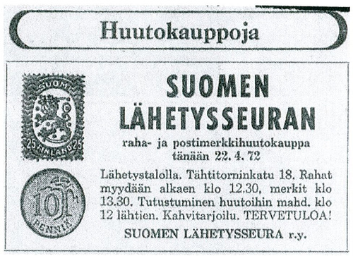 Lehti-ilmoitus 40 vuoden takaa saattaa olla kutsu ensimmäiseen postimerkkihuutokauppaan. Kuva: Suomen Lähetysseura