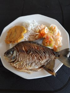 Kuvassa lautanen jossa grillattu kala ja muuta ruokaa