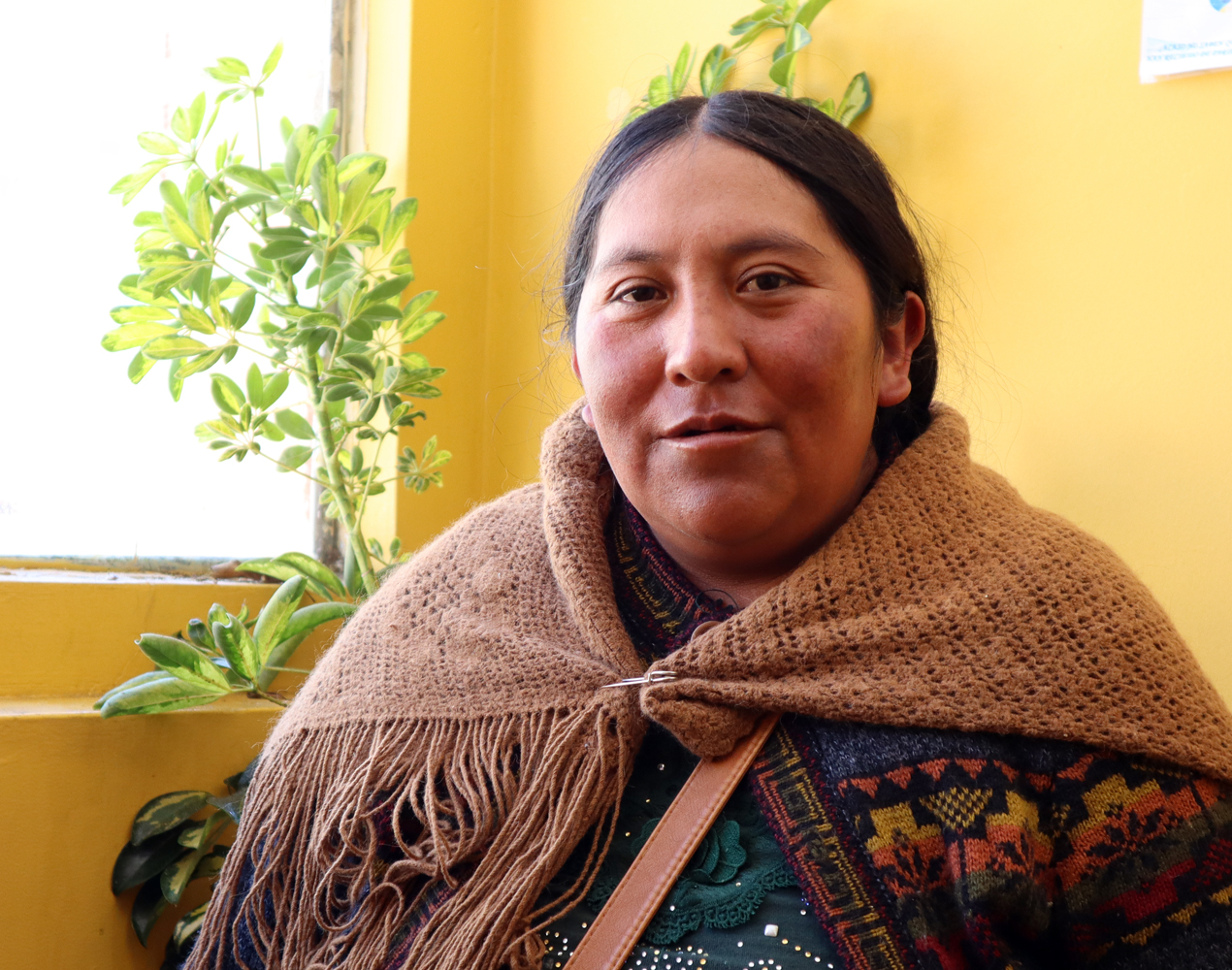 Rintakuva bolivialaisesta naisesta ruskea villahuivi hartioillaan.