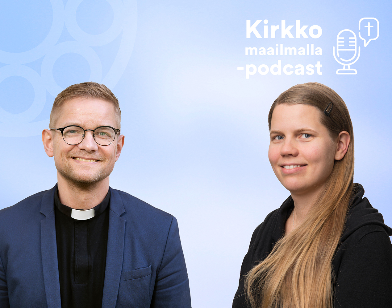 Kirkko maailmalla -podcastissa haastateltavina Kai Ojala ja Teija Lievonen.
