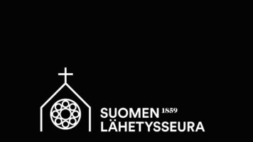 Suomen Lähetysseuran valkoinen logo mustalla taustalla