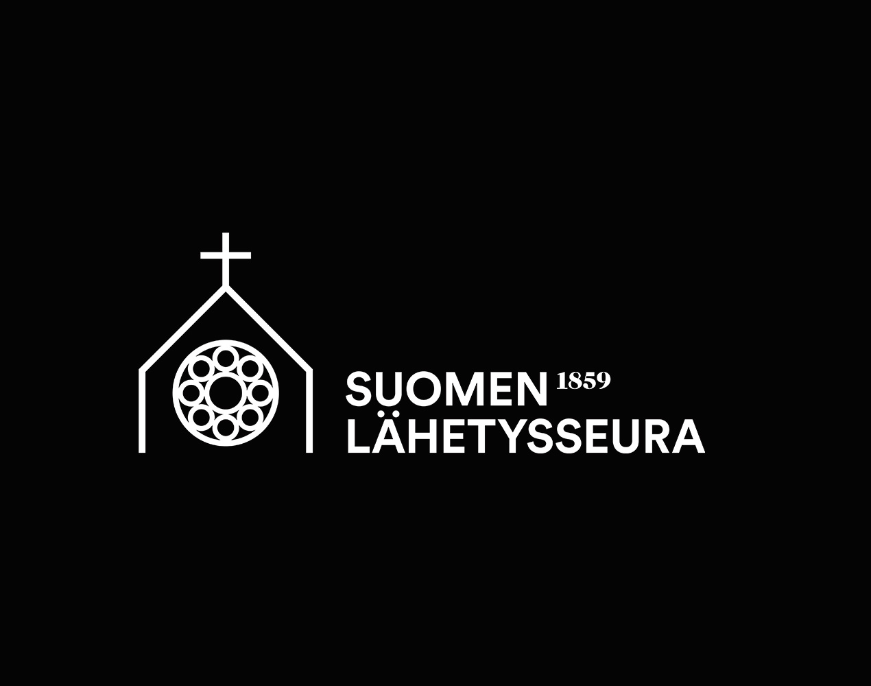 Suomen Lähetysseuran valkoinen logo mustalla taustalla