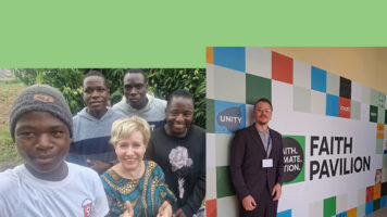 vihreällä taustalla kaksi kuvaa: toisesa Ruusa Gawaza zimbabwelaisten ilmastolähettiläiden kanssa ja toisessa Niko Humalisto ilmastokokouksen uskontopaviljongissa